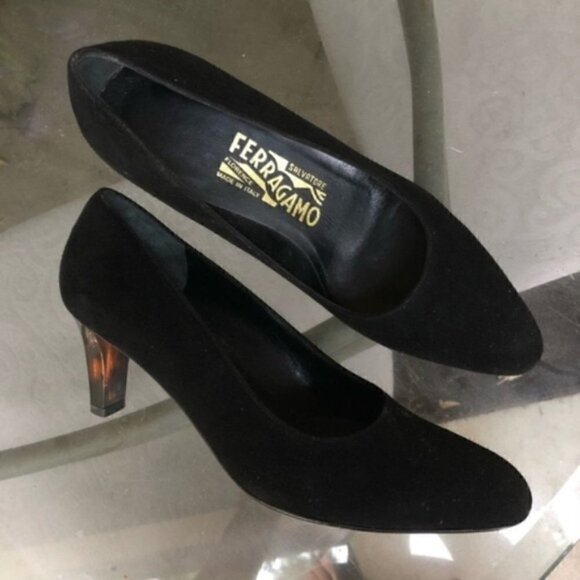 Salvatore Ferragamo Heels 7B Black Nero Suede Turtle Shell Brown - Picture 7 of 11